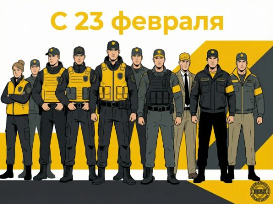 Сотрудники охранного предприятия в униформе поздравляют с 23 Февраля