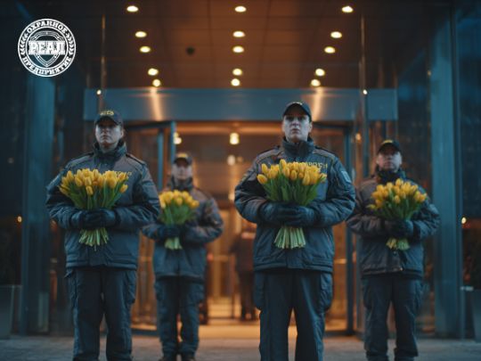 Сотрудники ЧОО РЕАЛ с букетами желтых тюльпанов поздравляют с 8 Марта